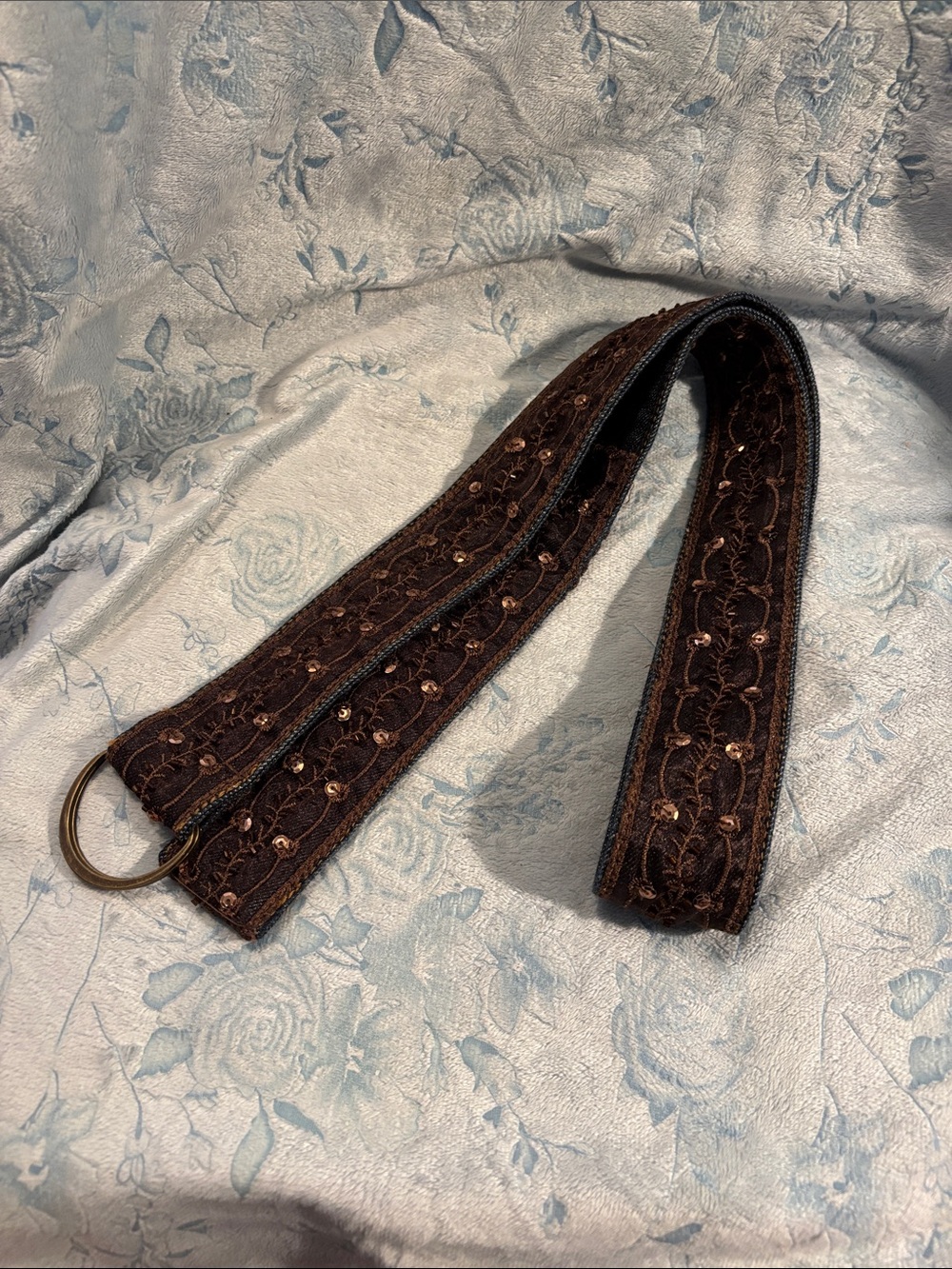 Embroidered Brown D-Ring Fabric Belt with Sequin Detail